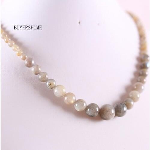 6-14MM Handmade Beaded Necklace Natural Stone Round Gray Labradorite Necklace for Women Jewelry Gift E008