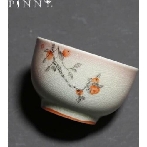 PINNY 100ML Handpainted Persimmon Kung Fu Teacups Ceramic Pigmented Master Cup Traditional Chinese Tea Bowl Drinkware