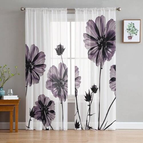 Simple Tulle Curtains Purple Art Flower Villa Living Room Adult Bedroom Study Gauze Fabric Balcony Decor Chiffon Curtains