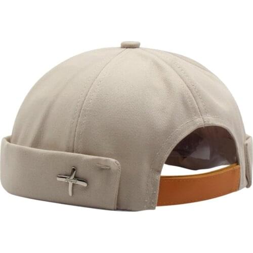 Retro Dome Durable Hat Mens Melon Leather Hip Hop Hat Without Eaves Adjustable Buckle Metal Embellishment
