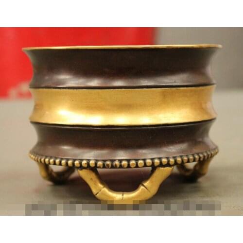 S03354 Chinese Purple Bronze 24K Gold Bamboo Folk Vase pot Statue Incense Burner Censer