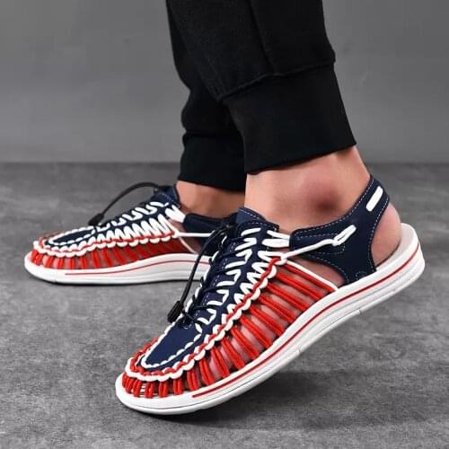 Men Women Summer Hollow Hand Woven Sandals Soft Sole Comfortable Non Slip Casual Shoes Beach Shoes Large Flat Shoes Size 48