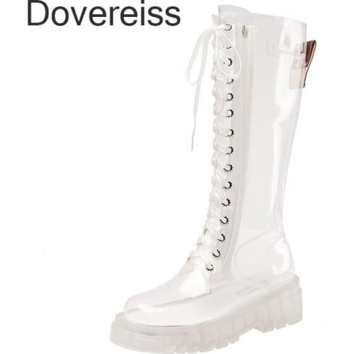 Dovereiss Fashion Summer Zapatillas Mujer Sexy Zipper Goth Punk Cross Tied Cool Boots Rose Red Rivets PVC Knee High Boots 40