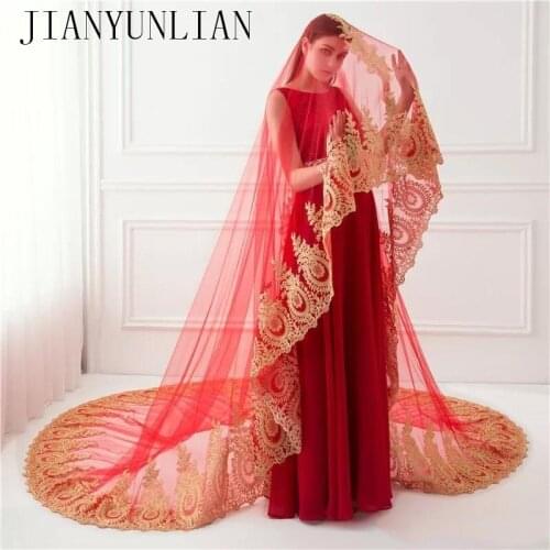 Wedding Veil Long Lace Gold Edge 350cm Length Red White Ivory Cathedral Veils In STock 2020