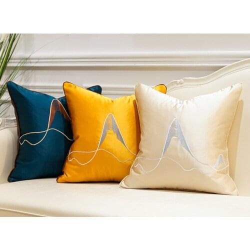 Light luxury solid color embroidered sofa decorative cushion cover satin line jacquard pillow cover blue yellow chair pillowcase