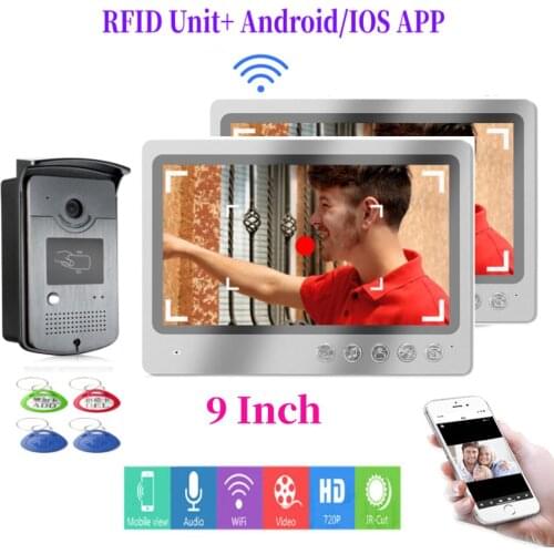 App Remote Unlock Video Intercom 9 inch Monitor WIFI Video Door Phone Doorbell Fingerprint RFID Camera Kit+2x SD Record Screen