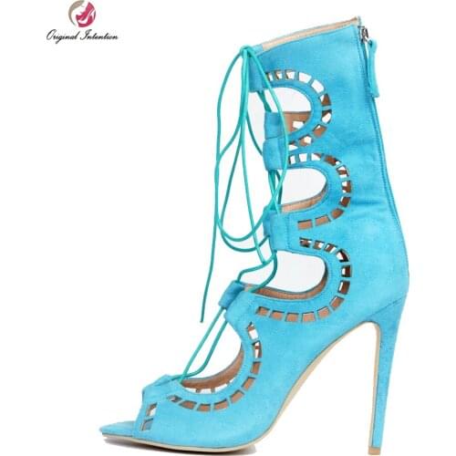 Original Intention Women Sandals Elegant Open Toe Thin Heels Sandals Beautiful Black Blue Shoes Woman Plus US Size 4-15