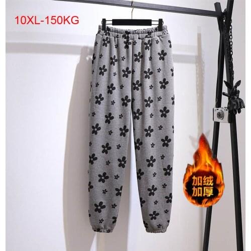 150Kg Plus size womens autumn winter velvet thick casual sports pants 6XL 7XL 8XL 9XL 10XL print gray loose-fitting trousers