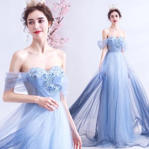 Free shipping sequined sky blue long sweat lady girl women party prom dress performance singing dress gown