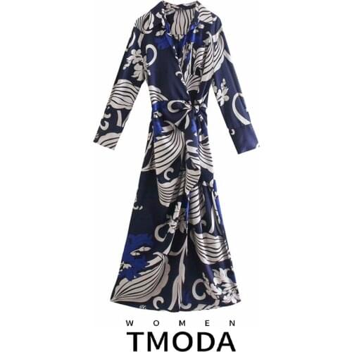 TMODA1919 Za Women 2021 Fashion With Tied Printed Wrap Midi Shirt Dress Vintage Long Sleeve Patch Pocket Female Dresses Vestidos