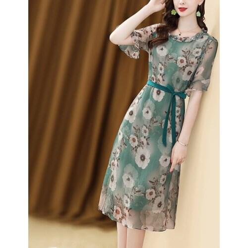 Women Green Printed Short Sleeve Chiffon Dress A-line Shash knee Length Dress High Waist Casual Cool Dresses