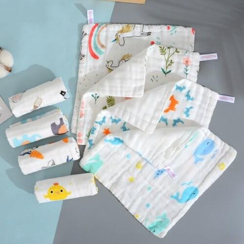 10 PCS, 6-layer cotton gauze baby towel, cartoon face towel, childrens seersucker square towel, handkerchief saliva towel towel
