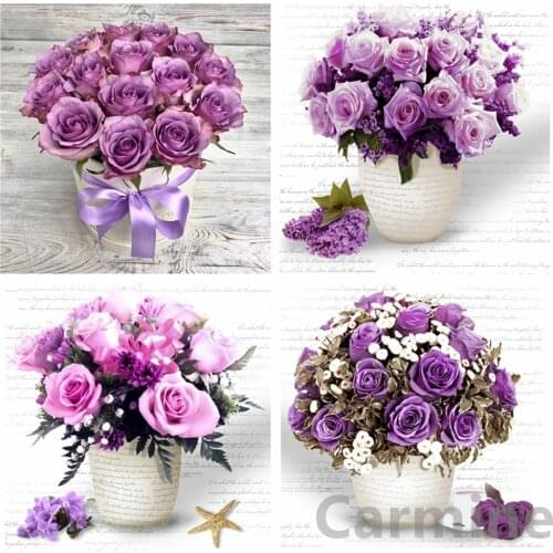 Flower 5D Diamond Painting DIY Pink Purple Rose Cross Stitch Mosaic Picture Wall Sticker Full Round&Square Drill Home Decoration