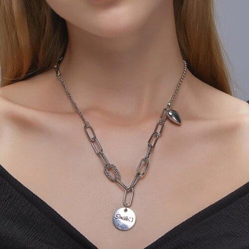 English Letters Necklace Smile Round Geometric Pendant Necklaces Hip Hop Punk Silver Color Clavicle Chain for Women Female