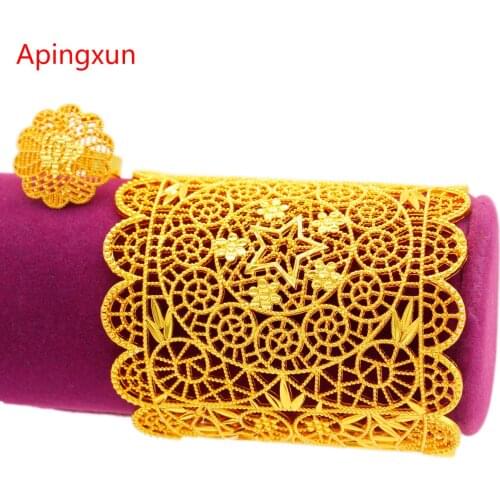 Apingxun Dubai 24K Gold Color Bangle&Ring Set 2021 New Luxury For Women Bridal Wedding Jewelry Ethiopian/African/Arab Party Gift