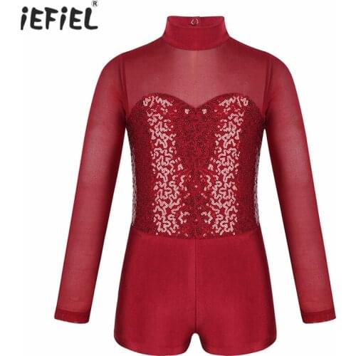 Children Kids Long Sleeves Tulle Ballet Dance Costumes Sparkly Sequins Gymnastics Ballet Leotards for Girls Ballerina Dancewear