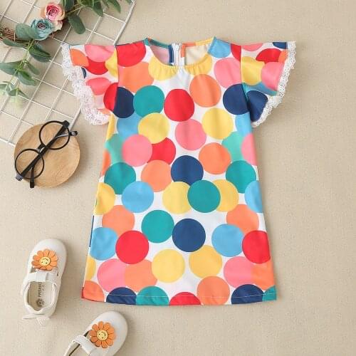 Girls' summer short sleeve dress childrens Dress Girls' colorful circle pattern skirt