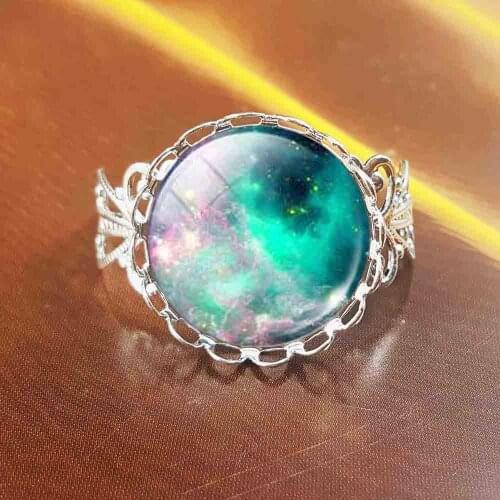 QiYuFang Galaxy Stud Ring Space Glass Dome Cabochon Rings Vintage steel Color For Women Jewelry Accessories