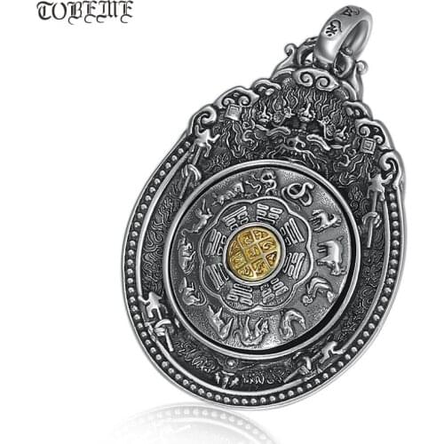 100% 925 Silver Nine Direction Eight Symbols Amulet Sterling Tibetan Direction-Symbol Pendant Buddhist OM Vajra Pendant