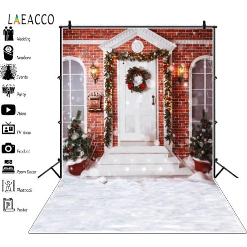 Laeacco Christmas Backdrops Brick House Window Wreath Pine Trees Snow Photography Backgrounds Winter Photophone For Photo Studio