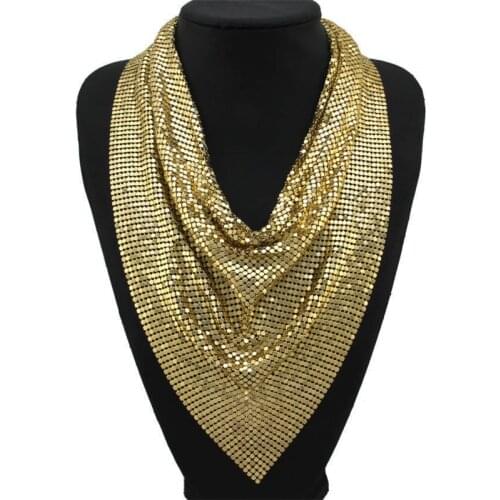 LZHLQ Metal Mesh Necklace Chain Maxi Jewelry Shiny Sequins Body Jewelry Women Body Chain Big Statement Accessories