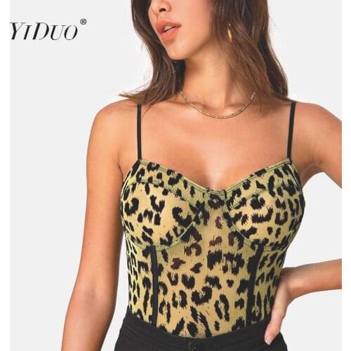 YiDuo Fashion Green Leopard Print Sexy Mesh Bodysuits Party Night Club Women Bodysuit Body Top Mujer Transparent Summer Overalls