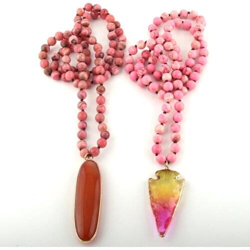 MOODPC Fashion Bohemian Tribal Jewelry Pink Stones Long Knotted Pendant Necklaces Women Necklace