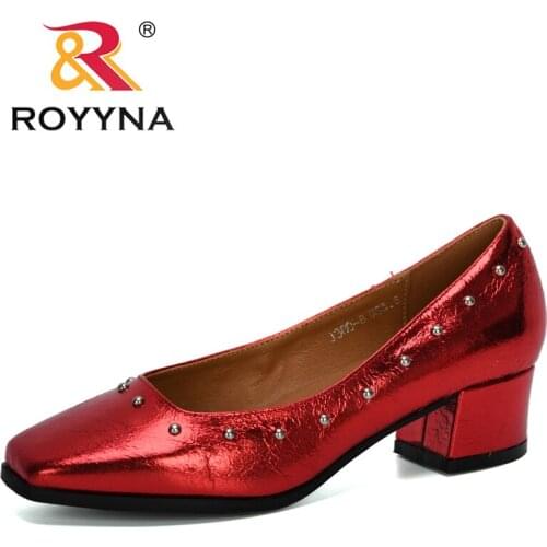 ROYYNA 2020 New Designers Metal Color Shiny Block Chunky Heels Single Shoes Woman Square Toe Trendy Pumps Women Zapato Mujer