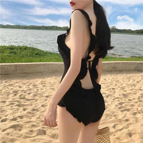 2021 New Korean Solid Color Sling Ruffled Bikini With Exposed Back Straps Thin And One-Piece Swimsuit Female Hot Spring Swimming