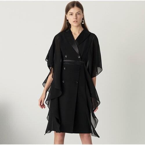 YIGELILA High Quality Fashion Black Dress Turndown Collar Double Breasted Dress Office Lady Butterfly Sleeves Short Dress 65493