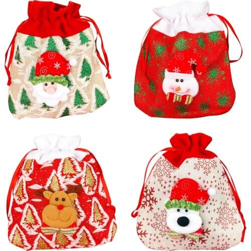 Christmas Bag, Cartoon Santa Snowman Elk Bear Candy Snack Sack with Drawstring Gift Wrapping Bag for Birthday Holiday Party