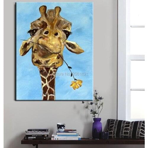 Hand painted funny animal painting propose gift canvas oil painting cool special unique birthday present Rose in giraffe mouth