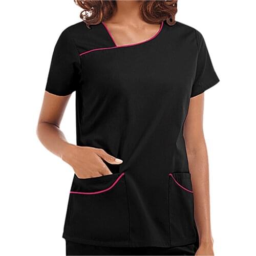 Womens Top Nurse Uniform Short Sleeve V-neck Pocket Care Workers T-shirt Tops Casual Female Nurse Uniform Blouse Streetwear