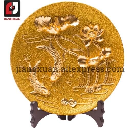 Unique carp lotus 24k gold foil porcelain ceramic plates 8 inch symbolize wealthy life handicrafts for housewarming gifts