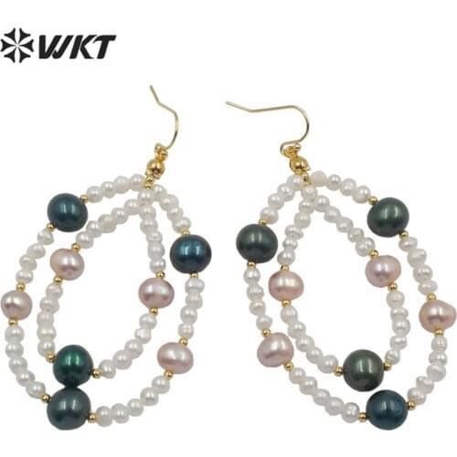 WT-MPE022 Amazing gorgeous round freshwater pearl beads earrings long dangling statement handmake precious pearl earrings