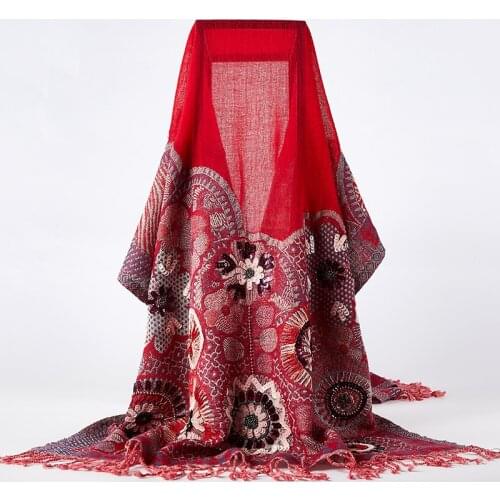 Japanese commuter Indian handmade beaded exquisite floral red scarf Nepal boiled wool shawl to keep warm