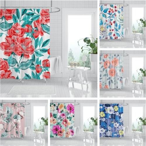 Watercolor Painting Shower Curtain Floral Printed Waterproof Fabric Bathtub Curtains For Bathroom Decoration With Plastic Hook