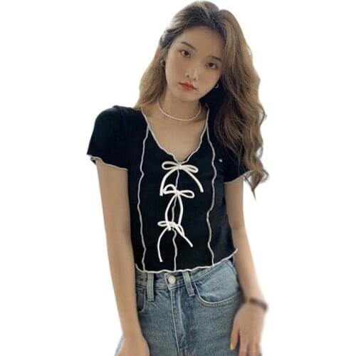 Daxin Womens O Neck Bow Sweet Tshirt Summer Casual Slim Knitted Short Sleeve Tee Shirt Female Crop Top Ladies Shirt