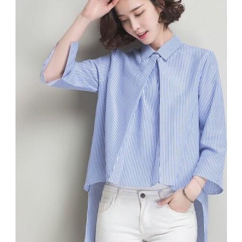 Vertical stripe shirt female medium-long three quarter sleeve two ways wear shirt 18111