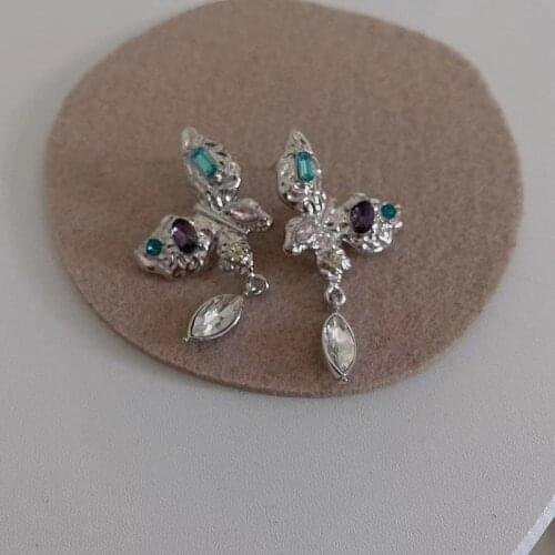 Origin Summer Cute Rainbow Rhinestones Butterfly Pendant Earring for Women Silver Color Alloy Crystal Wing Drop Earrings Brincos