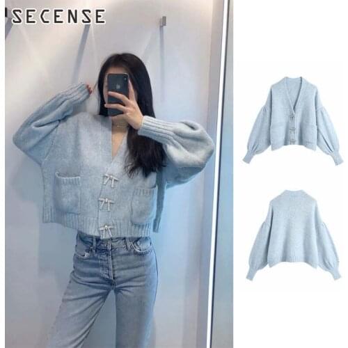 Women Cardigan Sweater Artificial Gemstone Bow Button Knitted Cardigan Sweater Korea Style Winter Lantern Sleeve Female Outwear