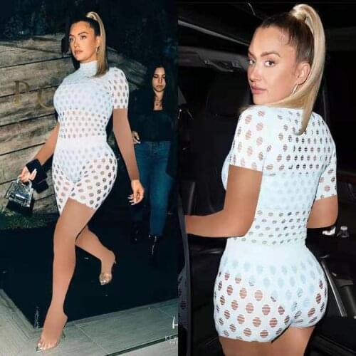 Womens 2021 Fashion Sexy Perspective Close-fitting Sports Suit High-neck Hole Knit Mesh Street Hipster Breathable Suit