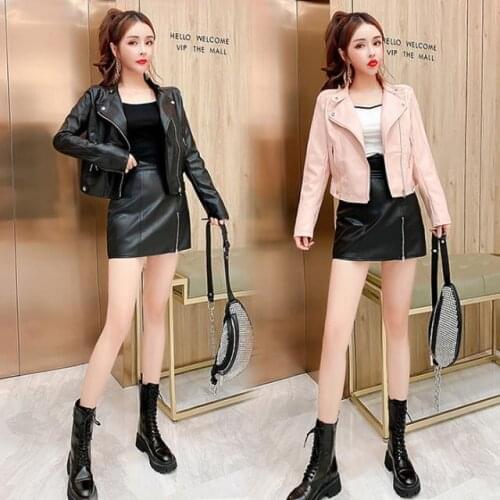 Women 2021 Spring Autumn PU Leather Set 3 Pieces female Sexy Short Slim Jacket Coat + High Waist Mini skirt Streetwear Suit C327