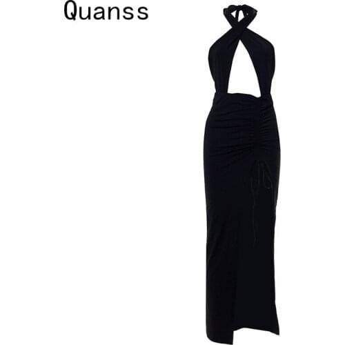 Quanss Cross Halter Hollow Out Backless Long Dresses Women 2021 Summer Sleeveless High Split Club Party Bodycon Sexy Maxi Dress