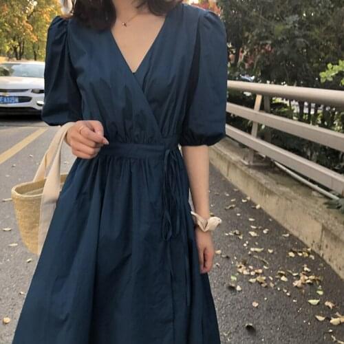 2021 Summer Dress Women Half Sleeves White Vintage V Neck High Waist Shirring Bandage Solid Loose Elegant Female Dress Long