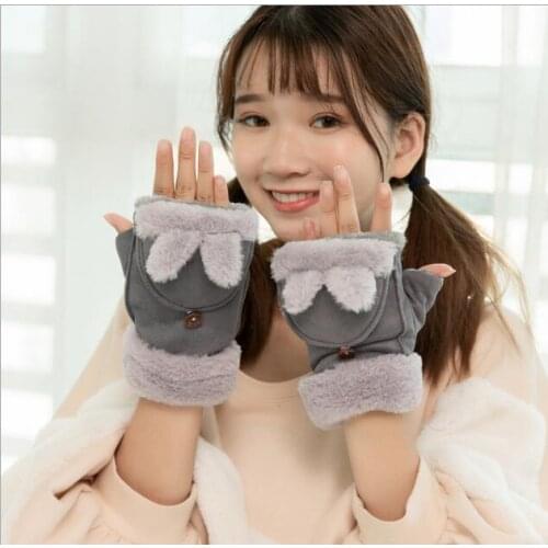 New Winter Thicken Warm Rabbit Ear Flap Gloves Womens Suede Student Keyboard Half Finger Gloves