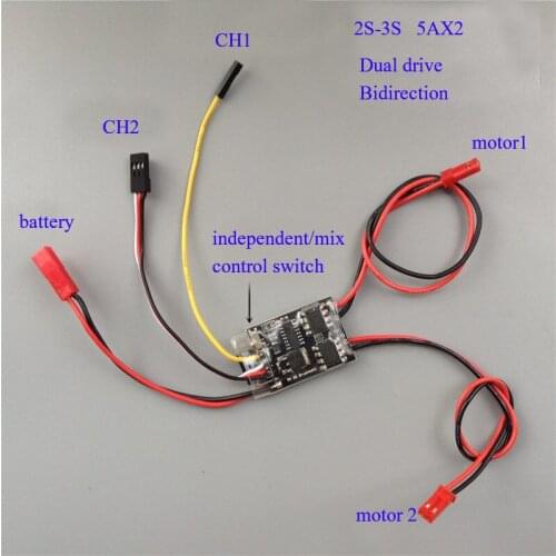 1PC/2PCS Dual Drive Brushed ESC Forward Reverse Speed Controller for 16/1 DIY RC Differential Boat/tank/tracked Vehicle 2S-3S 5A