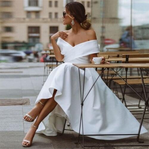 Elegant Off-Shoulder A-Line Knee Length Satin Backless Lace-Up Short Wedding Dress vestido de noiva Bridal Dress Wedding Gowns