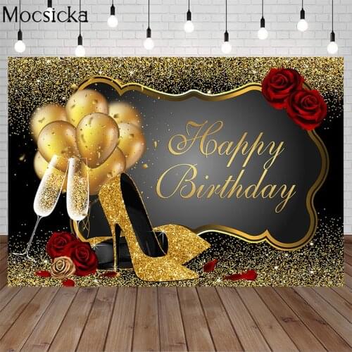 Happy Birthday Backdrop Golden Glitter High Heels Red Rose Woman Birthday Photography Background Balloon Party Banner Backdrops