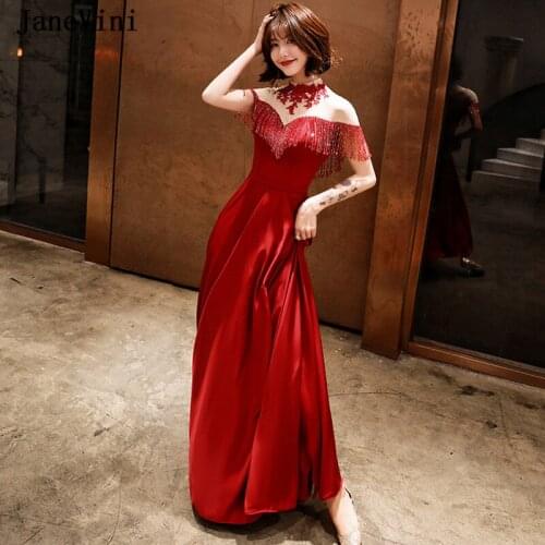 JaneVini 2020 Burgundy Long Prom Dresses Sheer Neck Cap Sleeves Satin Beading Appliques A Line Evening Gowns Vestidos De Festa